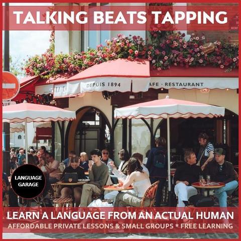Affordable, effective, and enjoyable online language tutoring, one-on-one lessons, small group classes, and free self study materials. Image of people talking in a Paris cafe. 
