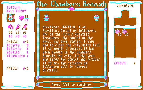 Odetliy the Ranger is welcomed to the city of Jollancen by Sacillan the Tyrant, and asked to find the Goblet of the Ages. All of these details are randomly generated, and will be different in a new game. The city layout and dungeons will likewise be different.