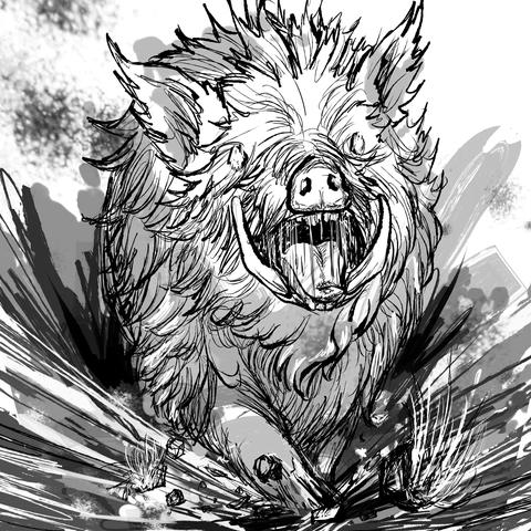 A wild boar drawn in digital ink with grayscale shading, jaws open as it charges forward.