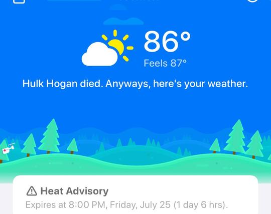 Screenshot of the main screen from CARROT weather, depicting a tree covered landscape with a blue sky, and the sun covered by a cloud
The weather shows 86° underneath which it says feels 87° 

Under that text is the caption : 
“ Hulk Hogan died. Anyways, here’s your weather.”