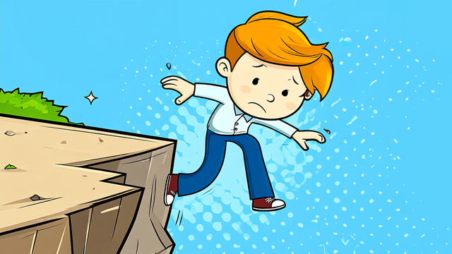 Cartoon van een mannetje dat in een ravijn valt.