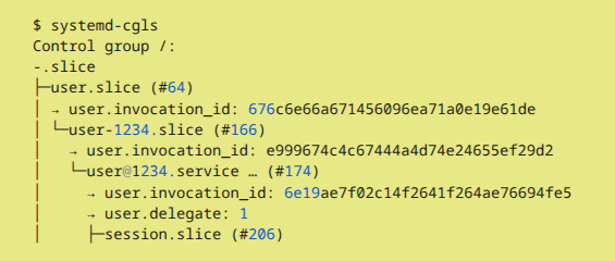 Bash partial output of command systemd-cgls (systems control groups)

    $ systemd-cgls
    Control group /:
    -.slice
    ├─user.slice (#64)
    │ → user.invocation_id: 676c6e66a671456096ea71a0e19e61de
    │ └─user-1234.slice (#166)
    │   → user.invocation_id: e999674c4c67444a4d74e24655ef29d2
    │   └─user@1234.service … (#174)
    │     → user.invocation_id: 6e19ae7f02c14f2641f264ae76694fe5
    │     → user.delegate: 1
    │     ├─session.slice (#206)
