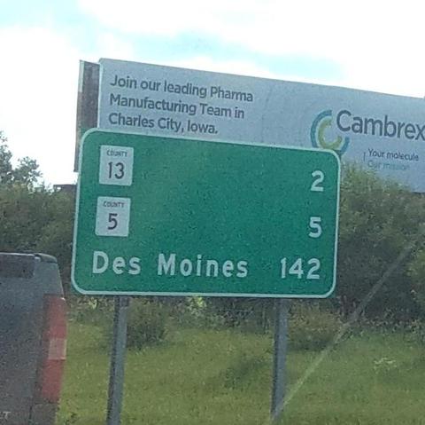 A road sign on an interstate in Minnesota:
Des Moines 142 mi