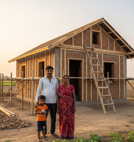 A rural Indian family stands proudly in front of their partially constructed brick house, supported by a government housing credit guarantee scheme.