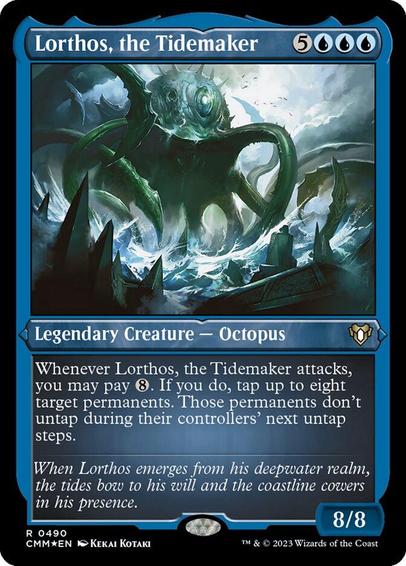 Card Name: Lorthos, the Tidemaker
Set: Commander Masters
Description: Whenever Lorthos attacks, you may pay {8}. If you do, tap up to eight target permanents. Those permanents don't untap during their controllers' next untap steps.
Artist: Kekai Kotaki