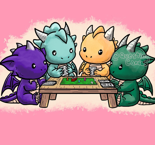 There are four cute dragons playing a tabletop roleplaying game together. The tokens on the board game are human-shaped.