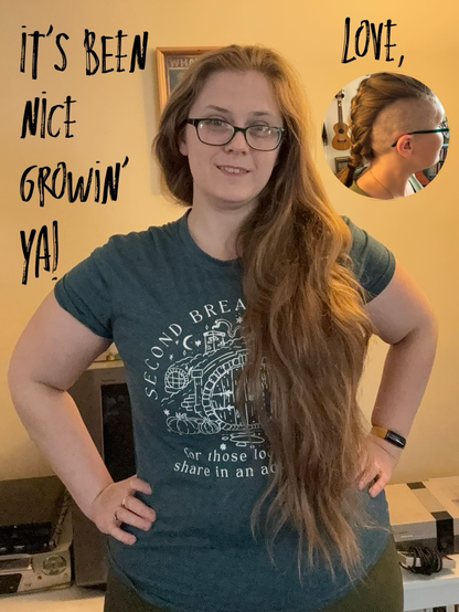 An older photo of Geneva shows them with their hands on their hips, gently smiling, with their old hair over two feet long cascading over their green shirt with a picture of a hobbit hole that says “Second Breakfast Club.” The photo features text in a handwritten style that says “It’s been nice growin’ ya! Love,” and the signature is a bubble photo in the corner showing Geneva’s new short Viking-style braid with a buzzed undercut as they look offscreen towards the future. 