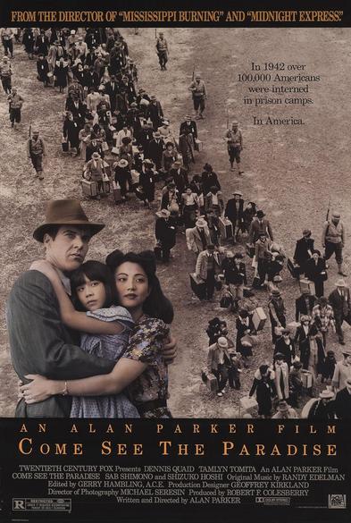 Affiche de "Bienvenue au Paradis" d'Alan Parker  (1990). Un couple mixte et leur enfant, et en arrière plan l'exode des japonais-americains en 1942