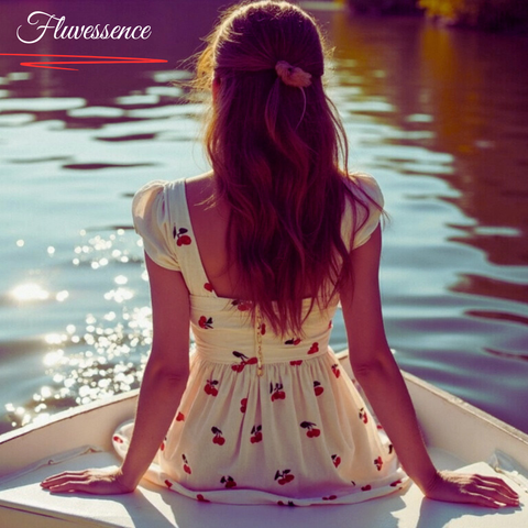 Une personne assise sur un petit bateau, vêtue d’une robe blanche aux motifs de cerises rouges. Elle regarde paisiblement l’eau scintillante sous la lumière du soleil. Ses cheveux lâchés ondulent légèrement au vent, tandis que le mot “Fluvessence” apparaît en haut à gauche, écrit en lettres cursives blanches. L’image évoque la quiétude d’un été sur la Sèvre et invite à la rêverie.