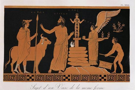 Drawing of a red-figure vase painting of Herakles sacrificing a bull to Aphrodite. The hero stands by an altar of Aphrodite with a miniature figurine of the goddess atop a column. A young man brings the bull. A winged goddess and a small man stand to his right.