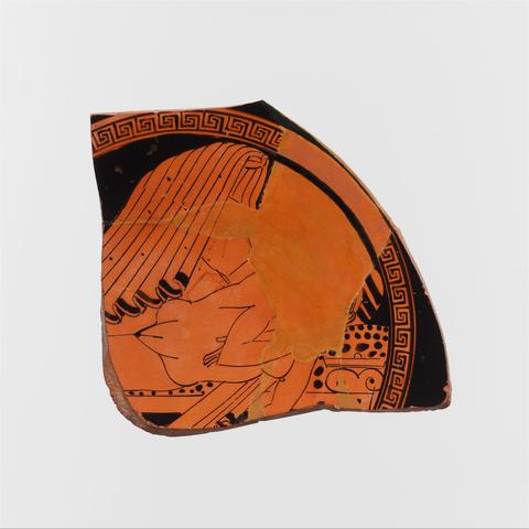 Red-figure vase painting fragment depicting an erotic scene. Full frontal female nudity survives, a vulva with a prominent slit.