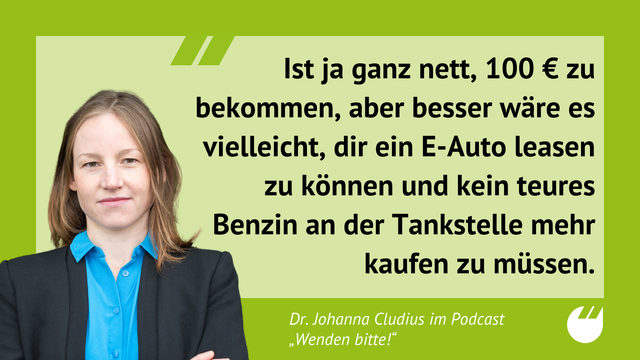 Porträtfoto von Dr. Johanna Cludius vor hellgrünem Hintergrund, daneben ein Zitat: „Ist ja ganz nett, 100 € zu bekommen, aber besser wäre es vielleicht, dir ein E-Auto leasen zu können und kein teures Benzin an der Tankstelle mehr kaufen zu müssen.“ Unten steht: Dr. Johanna Cludius im Podcast „Wenden bitte!“