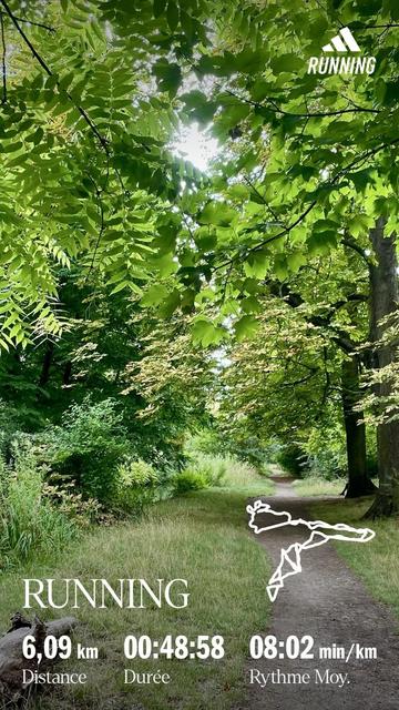 A scenic forest path surrounded by lush green foliage. The image includes running stats: 6.09 km distance, 48:58 duration, and an average pace of 8:02 min/km. "RUNNING" logo is displayed on top. 