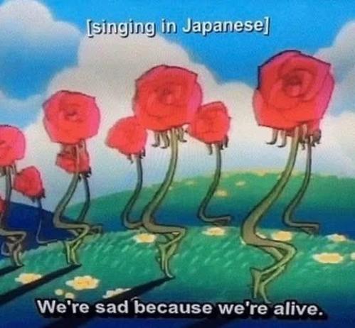 [Singing in Japanese]

Pic of flowers in a field

We're sad because we're alive
