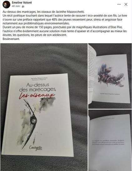 capture d'écran du commentaire de Emeline volon au sujet du livre Au-dessus des marécages, les oiseaux de Jacinthe Mazzocchetti.
Un récit poétique touchant dans lequel l'autrice tente de rassurer l éco-anxiété de son fils. Le livre s'ouvre sur une préface rappelant que 48% des jeunes ressentent peur, stress et angoisse face notamment aux problématiques environnementales. 
Durant un peu de moins de 150 pages, ponctuées par de magnifiques illustrations d'Elise Pire, l'autrice n'offre évidemment aucune solution mais tente d'apaiser et d'accompagner au mieux les doutes, les questions, les peurs de son adolescent.
Bouleversant.