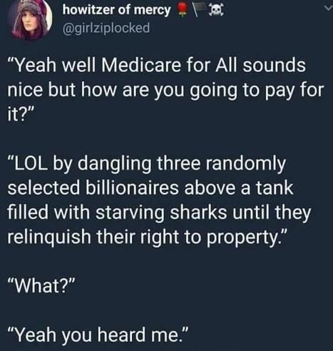 @girlziplocked

> “Yeah well Medicare for All sounds nice but how are you going to pay for it?”

“LOL by dangling three randomly selected billionaires above a tank filled with starving sharks until they relinquish their right to property.”

“What?”

“Yeah you heard me.”