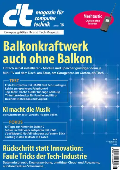 Cover of c’t magazine, a leading German computer and technology publication. The main headline features balcony power plants. A prominent section in the upper right highlights “Meshtastic,” a tool for chatting without the internet, with an image of a handheld radio device.