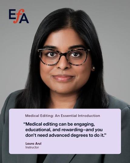 Photo of a course instructor who says: "Medical editing can be engaging, educational, and rewarding—and you don't need advanced degree to do it."