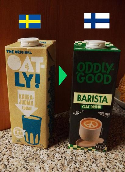 Kuvassa ruotsalaisen elintarvikevalmistajan Oatlyn kaurajuoma ja vieressä vaihtoehtona suomalainen Oddlygood Barista-kaurajuoma. Oatly on julkaissut juuri uuden tuotteensa Israelissa ja Oatlyn omistaja Blackstone on rahoittanut maan yliopistoa, eli firma on usealla mittarilla boikottilistalla. Suosi mieluummin suomalaista 🇫🇮