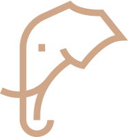 The image features a stylized brown line drawing of an elephant's head and trunk. The elephant's head is depicted with a simple, curved outline, and a small square represents the eye. The trunk is elegantly curved, with a hook-like end, suggesting the elephant's trunk. The lines are smooth and continuous, creating a minimalist design. The background is plain white, emphasizing the brown lines of the elephant. The overall design is abstract and modern, focusing on the essential features of the e…