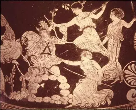 Red-figure vase painting of Orpheus, recognisable by his lyre and Phrygian cap, as he is attacked by the Bassarides or Thracian women.