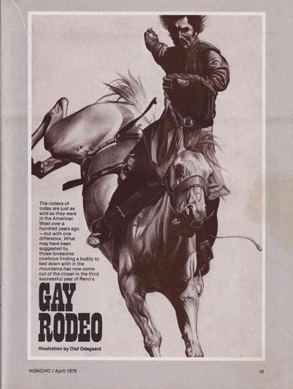 Illustration of a cowboy riding a bucking horse, promoting a "Gay Rodeo."