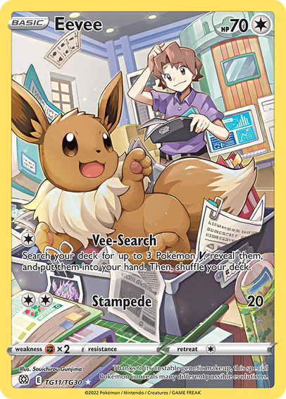 Eevee (Brilliant Stars Trainer Gallery) released 2022/02/25. Illustrated by Souichirou Gunjima.