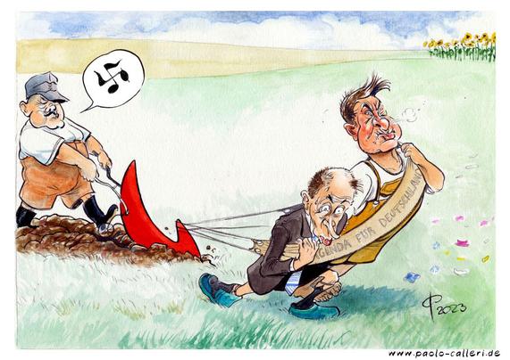 Karikatur aus dem Jahr 2023. Merz und Söder ziehen angestrengt einen roten Pflug, der die Form des A f D Pfeiles hat und von einem Bauer mit Schnauzbart geführt wird, der gerade ein Liedchen pfeift. Die zwei Musiknoten in seiner Sprechblase sind so übereinandergelegt, das sie die Form eines Hakenkreuzes bilden. Der Gurt, in den die beiden Unionspolitiker gespannt sind, trägt die Aufschrift Agenda für Deutschland. im Hintergrund sieht man den Ausschnitt eines Sonneblumenfeldes.