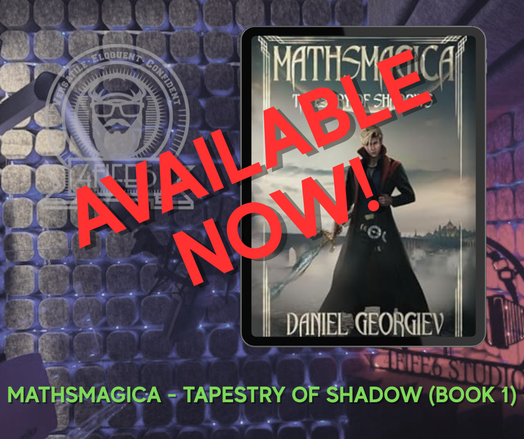 A promotional image for the audiobook Mathsmagica: Tapestry of Shadow (Book 1) by Daniel Georgiev. In the center is the book cover featuring a young man in a dark cloak holding a sword, standing before a misty, fantasy landscape. The words "AVAILABLE NOW!" are boldly written in large red letters across the cover. In the background is a podcast-style recording booth with a microphone and soundproofing foam, and a logo that reads "Versatile. Eloquent. Confident." The bottom of the image says "MATHSMAGICA – TAPESTRY OF SHADOW (BOOK 1)" in bright green text.