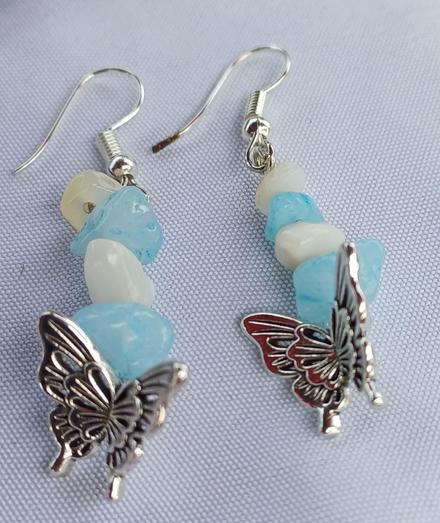 blue and white stone chip earrings with butterfly embellishment