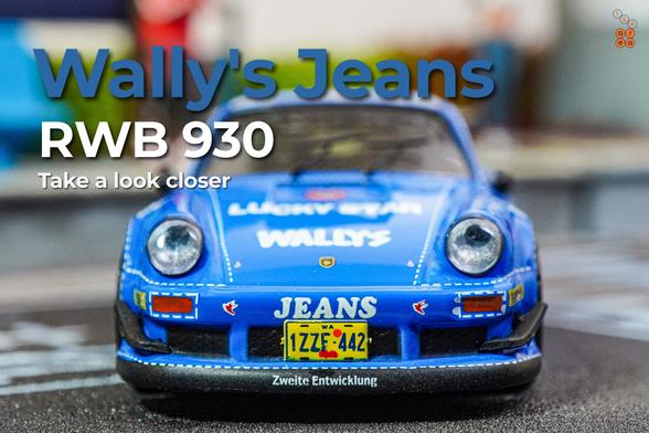 A close-up shot of Porsche RWB 930 Wally's Jeans livery by Tarmac Works in 1:64 scale on AREA 164