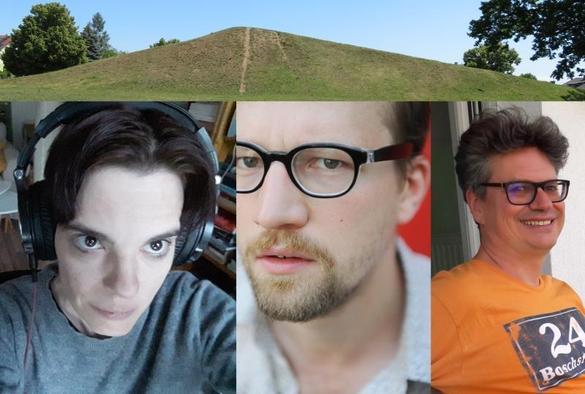 Unter dem Faulhügel die drei Lesenden: Barbara Eder am Abhörapparat, Clemens Marschall von Rokko's Adventures und Marchfeld-Reisender Anton Tantner