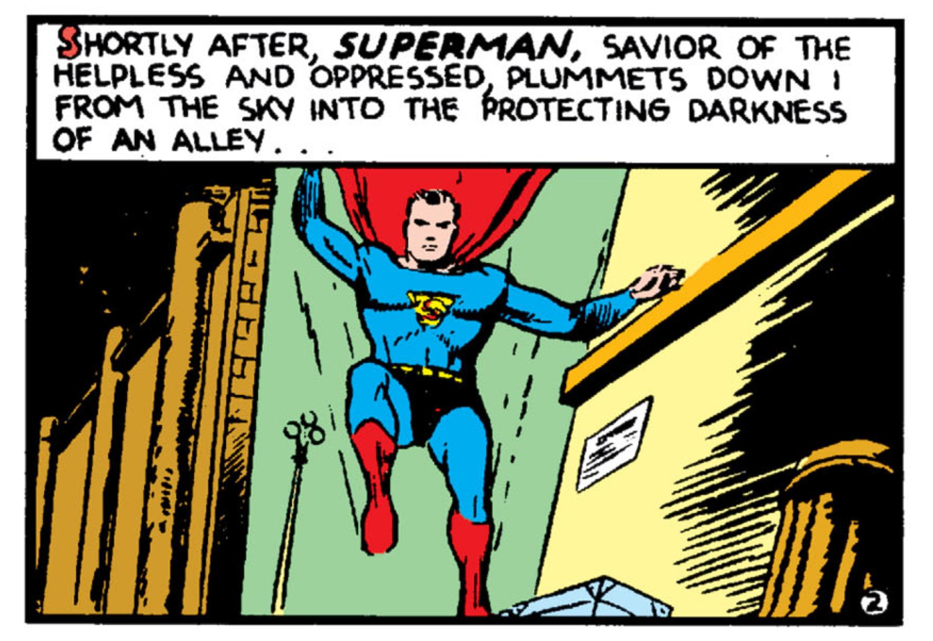 Comic panel that shows Superman dropping down into an alley. The caption reads: “Shortly after, SUPERMAN, savior of the helpless and oppressed, plummets down from the sky into the protecting darkness of an alley…”