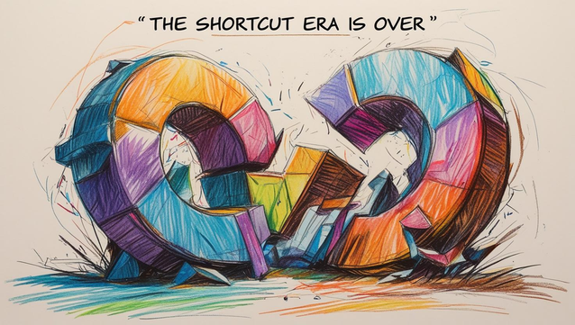 A colorful, shattered shortcut key symbol is displayed with jagged edges and cracks, accompanied by the hand-drawn text “THE SHORTCUT ERA IS OVER” above the image.