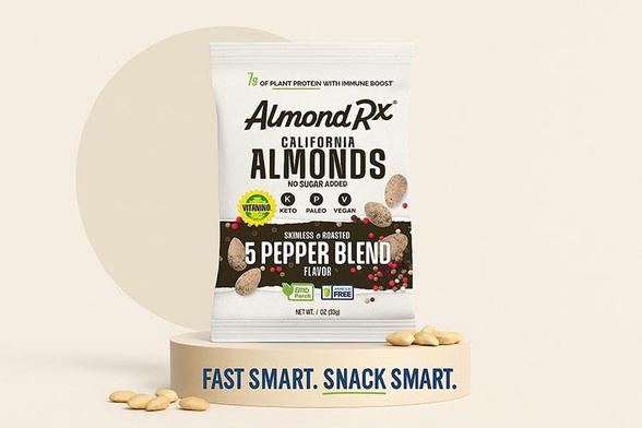 AlmondRx blanched almonds featured as ideal intermittent fasting snack with clock visual and Fast Smart.