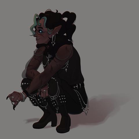 A drawing of a black man sitting, he is wearing emo/punk clothes with lots of silver chains, rings, piercings, etc. He is looking at you and smiling