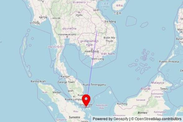 A map showing the great circle route from Nongsa in Lao People's Democratic Republic to a map pin at Church Of Saint Francis Xavier, 63A Chartwell Drive, Singapore 558758, Singapore