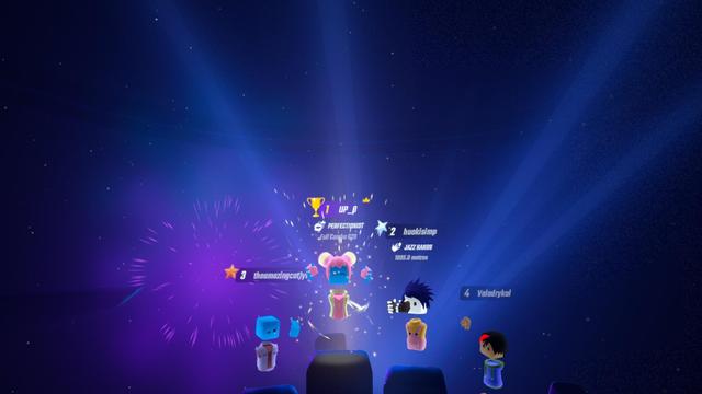 Beams of light like crepesecular rays over a dark blue background with fireworks-like particle effects and in front a row of four avatars on platforms like winners at the Olympics, second the to rhe right find the gold trophy given to #1 UP_8 who is a a PERFECTIONIST who got a Full COmbo:  said character has a blue square head with smiling eyes,  pink hair with yellow-wrapped twinballs and hands held up in the air