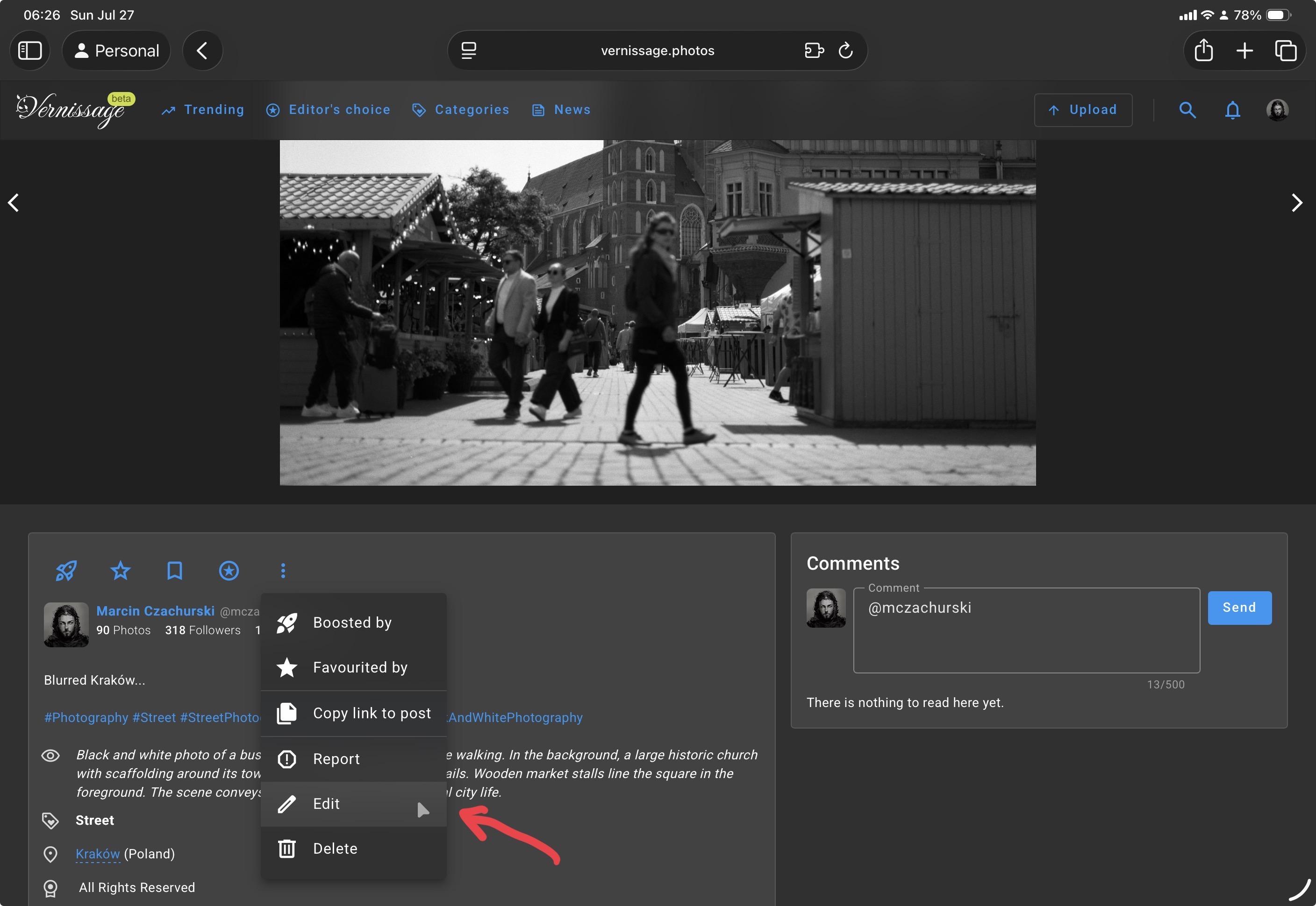 Screenshot of Vernissage status page with Edit button in the action menu visible.