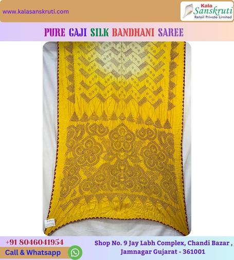 ☀️ Drape yourself in our stunning Yellow & White Pure Gaji Silk Bandhani Saree.