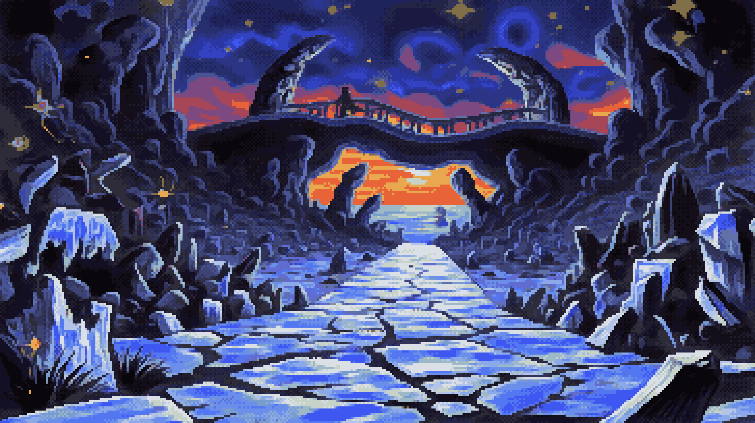 Pixel art of a landscape sculpted from fractured memory, where a stone pathway, a grey river of time, cleaves directly into the heart of a crystalline wilderness. Jagged formations, like frozen lightning strikes, rise in a dense chorus of dark blues and grays, their sharp angles mirroring a forgotten architecture. The ground breathes between them, a shadowed earth from which these mineral spires bloom. A slow climb ascends to a plateau crowned by arching structures, twin gates framing a distant water’s embrace, a liquid mirror reflecting a sky ablaze with sunset’s molten hues. A lone figure, a punctuation mark on the winding route, faces the horizon where the sun, a gilded coin, hovers above a boundless expanse. Scattered like fallen stars, tiny yellow lights shimmer across the scene, a constellation born of stone and sky, while long shadows stretch like fingers across the fractured ground, tracing the path’s relentless journey toward an unseen destination.