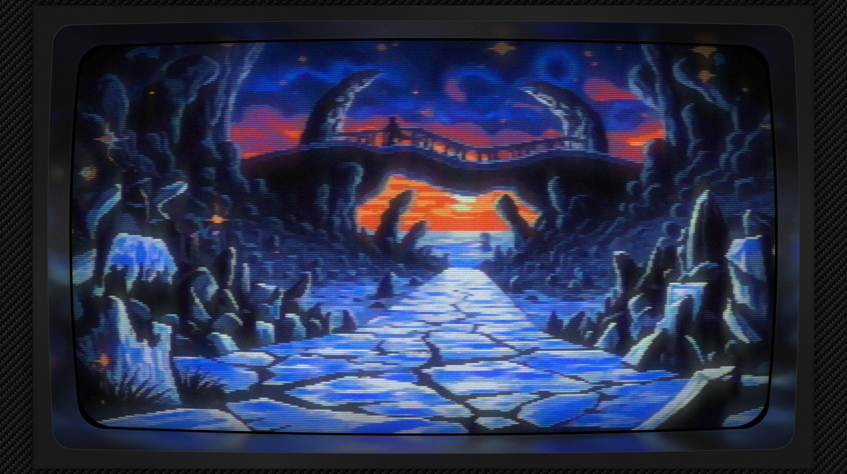 Pixel art of a landscape sculpted from fractured memory, where a stone pathway, a grey river of time, cleaves directly into the heart of a crystalline wilderness. Jagged formations, like frozen lightning strikes, rise in a dense chorus of dark blues and grays, their sharp angles mirroring a forgotten architecture. The ground breathes between them, a shadowed earth from which these mineral spires bloom. A slow climb ascends to a plateau crowned by arching structures, twin gates framing a distant water’s embrace, a liquid mirror reflecting a sky ablaze with sunset’s molten hues. A lone figure, a punctuation mark on the winding route, faces the horizon where the sun, a gilded coin, hovers above a boundless expanse. Scattered like fallen stars, tiny yellow lights shimmer across the scene, a constellation born of stone and sky, while long shadows stretch like fingers across the fractured ground, tracing the path’s relentless journey toward an unseen destination. The image has a CRT filter applied.