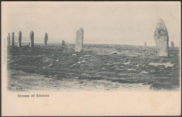 A vintage printed postcard of the Ring of Brodgar stone circle at Stenness on Mainland in the Orkney Isles. The stone circle, with a diameter of 104m or about 340ft, comprises 27 stones of an original total of about 60, and lies within a massive rock-cut-henge.