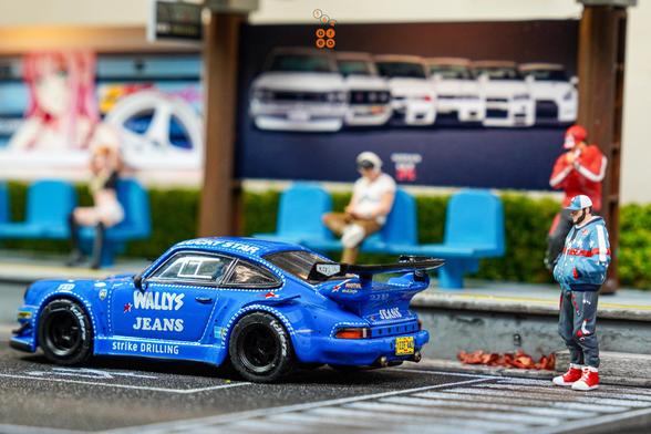 Porsche RWB 930 Wally's Jeans livery by Tarmac Works in 1:64 scale with 1:64 figure on AREA 164