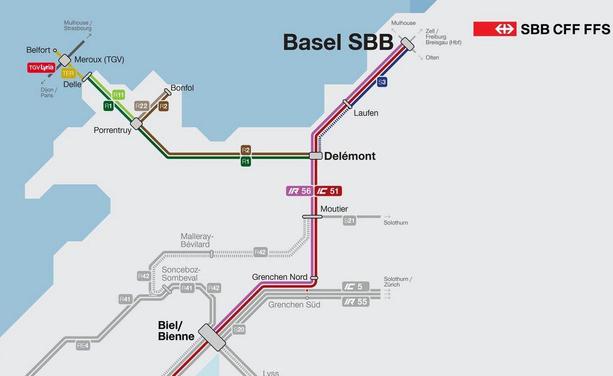 Planausschnitt zu den neuen Linienbezeichnungen auf den Strecken rund um Delémont
