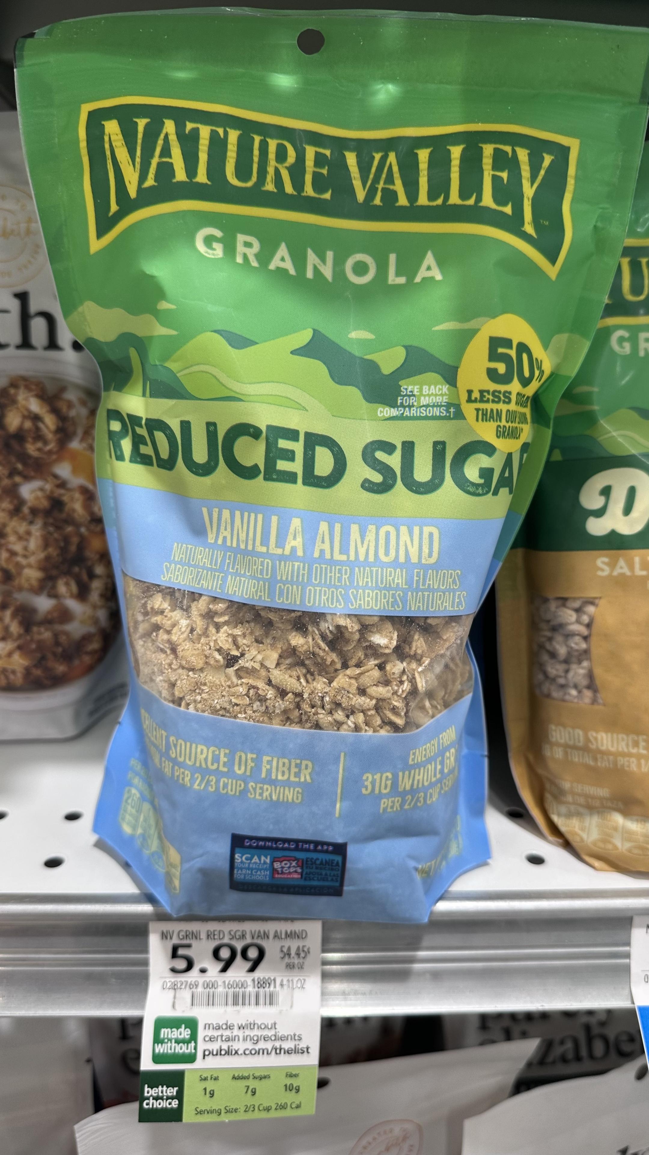 Bag of nature Valley granola the advertise is 50% less sugar. 