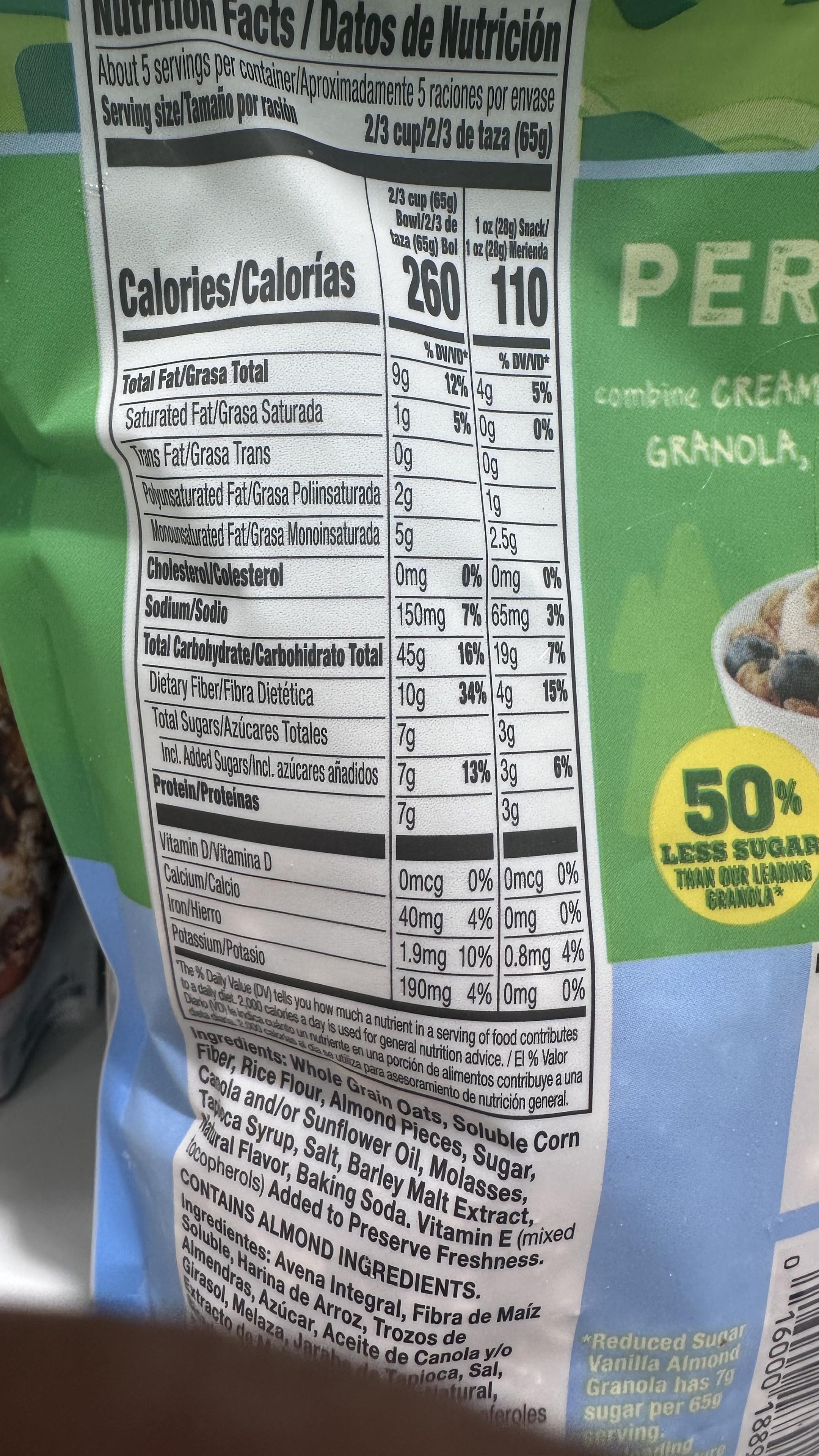 The nutritional values on the back of the bag show that the amount of carbs is 45 g. This is 5 g higher than the full sugar nature Valley granola.