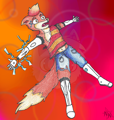 This is a traditional/digital mix piece depicting a red fox named Dream being frayed in an action sequence.