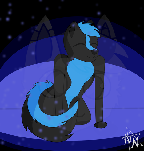 This is a piece of digital artwork depicting a gay skunk boy on his knees in a dark, blue tinted environment. His large fluffy tail is curled around him and he is happy and content.
