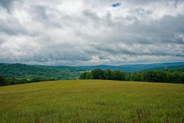 The upper half of the image is a cloudscape,  the lower half is mostly a grassy yellow field with some hedgerows and tree-colored hills in between